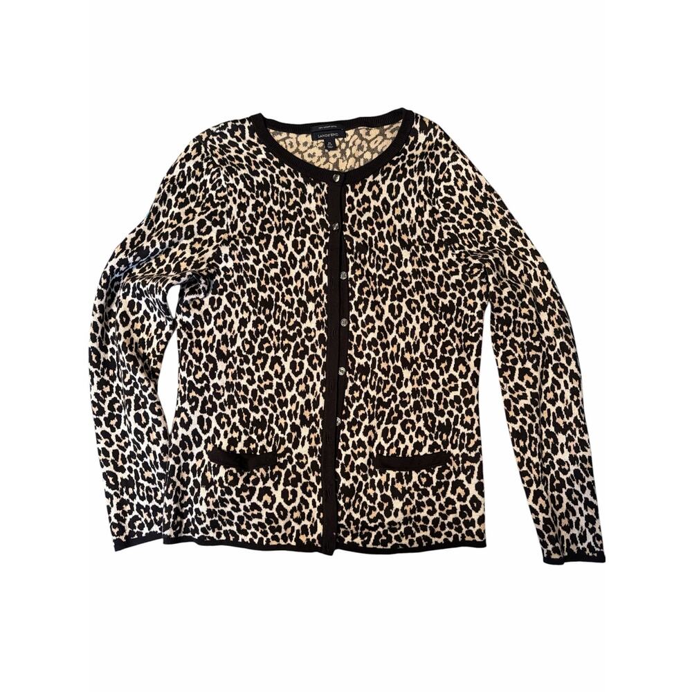 Lands End Women’s M Button Cardigan Supima Cotton Leopard Black Beige Sweater